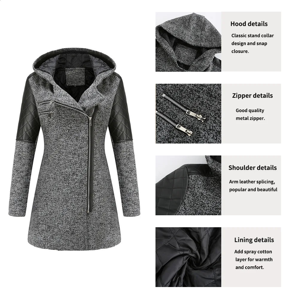 Womens Woollen Overcoat Autumn Winter Female Hooded Zipper Tweed Jacket Womens Thicken Warm Long Coats Womens Clothing 240909