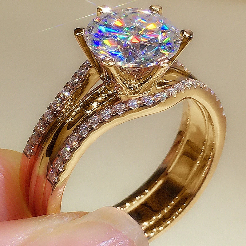 Anziw Gold Color 3.0CT Moissante Wedding Ring Bridal Set Womens Classic 2ct n Promise Band Engagement Jewelry Gift 240918