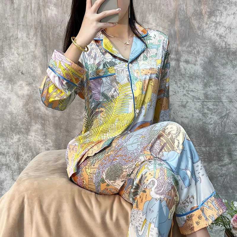 Spotted Leopard Print Pajama Set for Womens Countryside Style Long Sleeve Pants for Womens Lounge 2024 Spring/Summer Cartoon Printed Pajama Set W24091