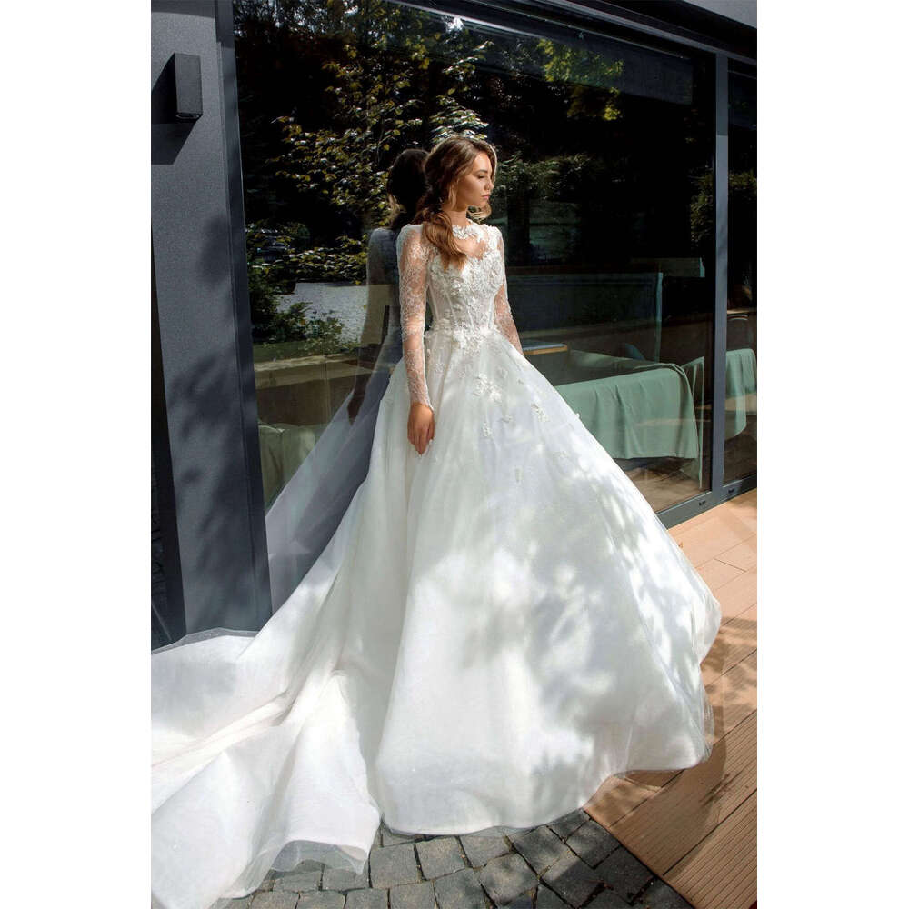 Wedding Dresses A-E O-Neck Appliques Lace Sleeve Or-Length Long Bridal Gown Vestido De Novia Custom Made 0228Lz