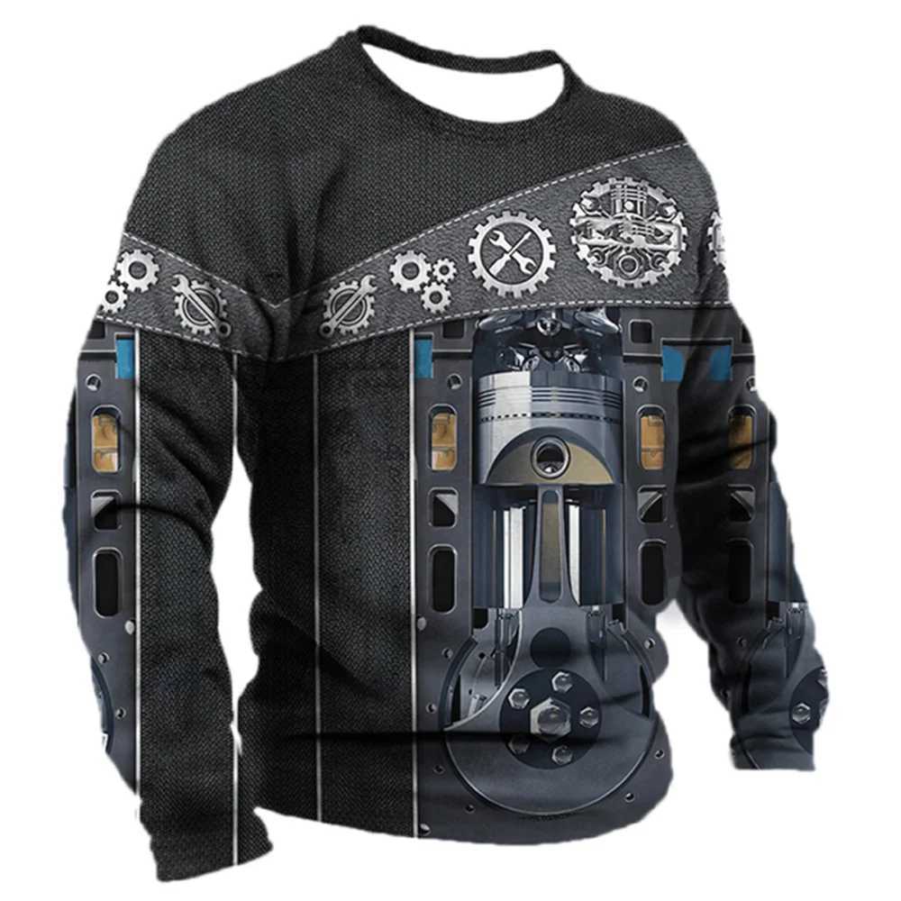 Vintage Mens Long Sleeves T -shirt Mechanic Pattern 3D printing Mens Clothing Spring and Autumn Casual Long Sleeve T-shirtX240919
