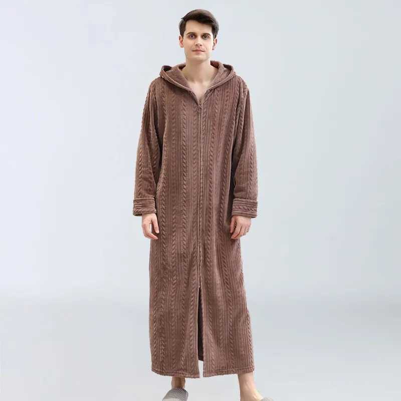 Popular Mens Plus Fat and Oversized Home Clothes Winter Flannel Pajamas Zipper Bathrobe Warm Pajamas Solid Color Long Pajamas Y240919