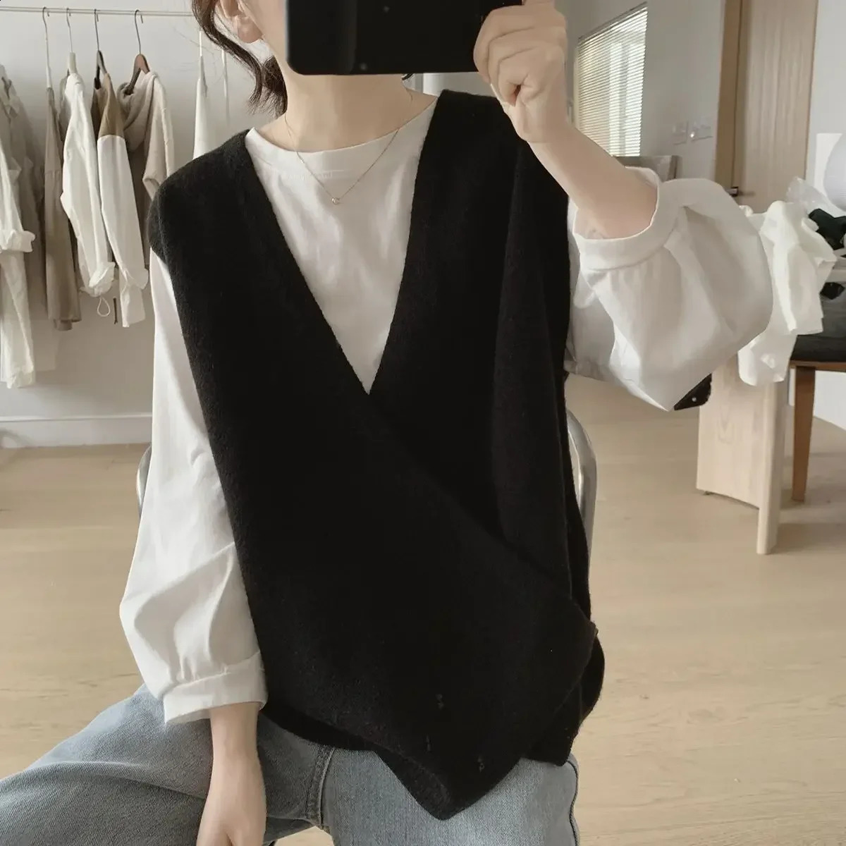 Ladies Sweaters Vest Black Long V-neck Grey Knitted Top for Women Y2k Vintage Jumper Fashion 2024 Knitwear Crochet In 240919