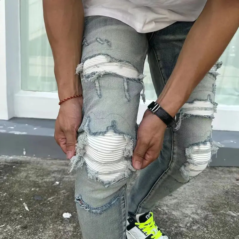 Home>Products>Retro Mens Jeans>Retro Mens Jeans>Washed Blue Stretch Tight White Patch>Stamped Jeans>Hip Hop Pants 240919