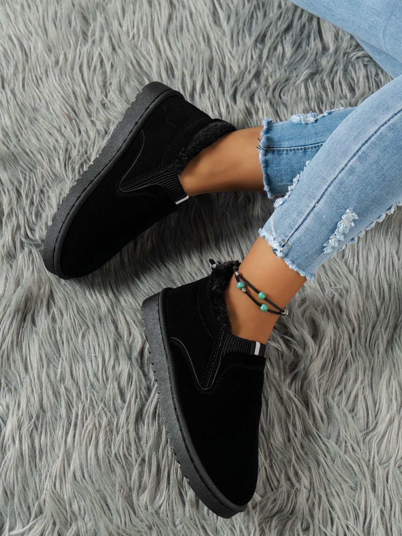 Women's Winter Boots: Plus Size Low-Top Comfort, Warm, Trendy Flat Shoes (Triple Black/Brown) a85d