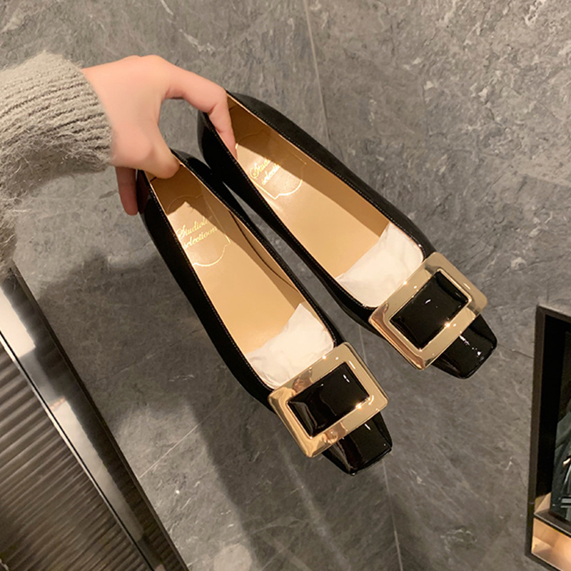 Square buckle shallow mouth thick single order shoes for women square buckle square toe low heel commuting shoes
