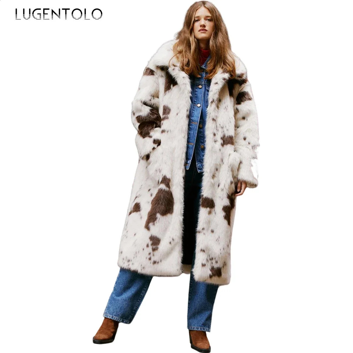 Women Faux Fur Cow Pattern Coat Warm Autumn Winter Faux Fox Fur Lapel Lady Elegant Cardigan Pocket Outwear Lugentolo 240919