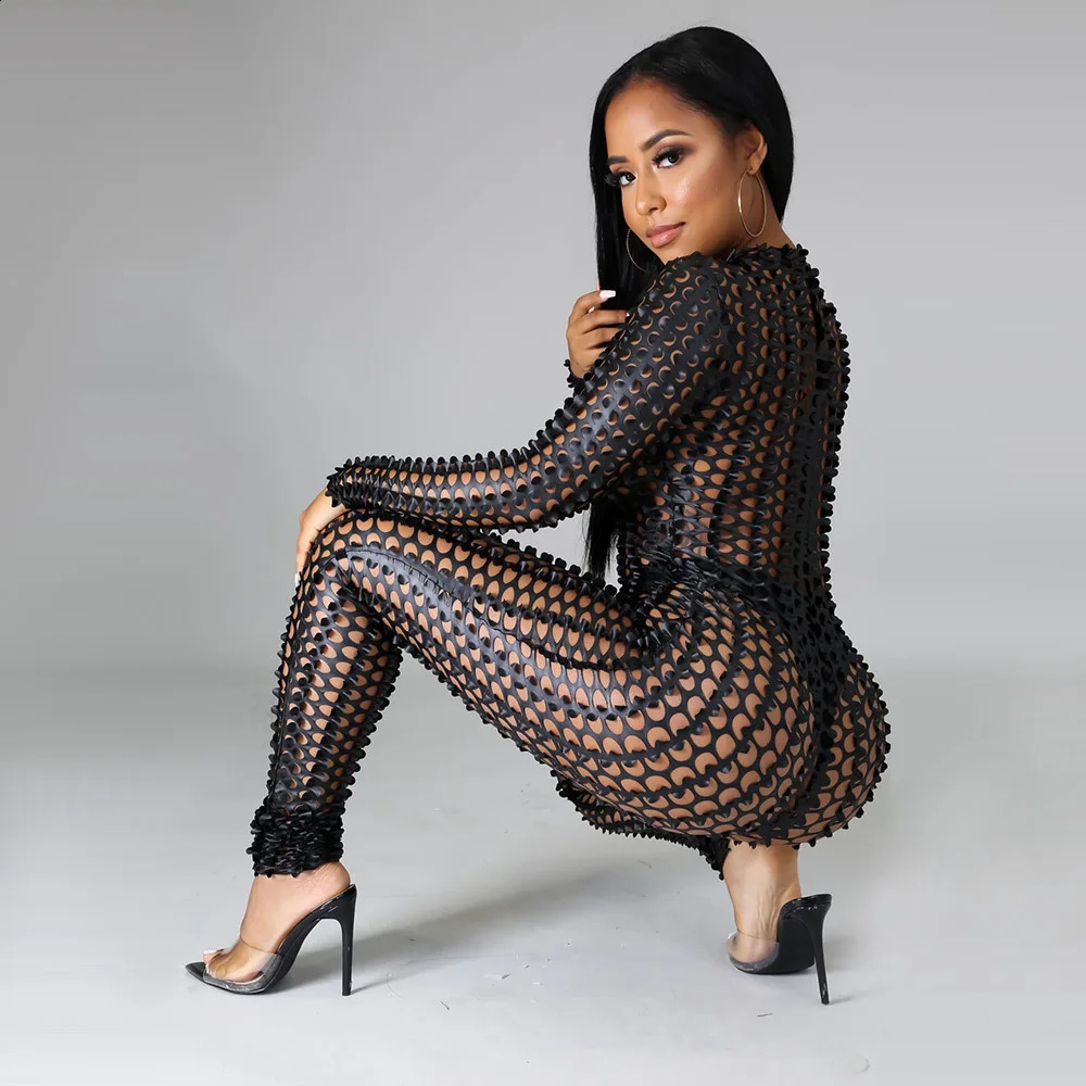 Shining hollow jumpsuit womens sexy plus size long sleeved onepiece clothing Rave Club wearing gold sier black decoration