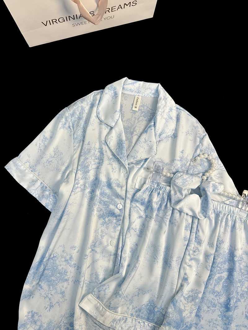 Korean fashion sleepwear synthetic satin nightwear 2-piece sleepwear casual sleepwear set with shorts soft and smooth ink painting set W240919