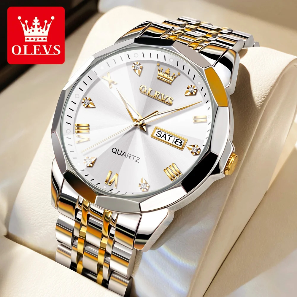 OLEVS Mens Watch Diamond Mirror Original Mens Quartz Watch Waterproof Luminous Stainless Steel Watch Mens Date Week ww 240923