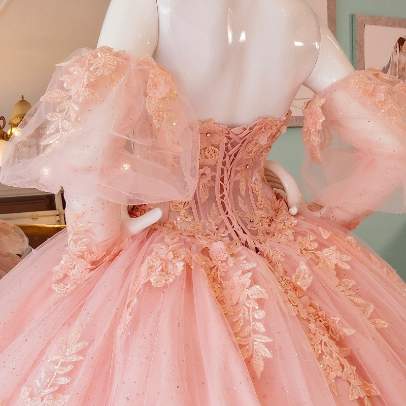 Sparkly Pink Quinceanera Dresses Ball Gown Off Shoulder Applique Lace Beads Tull Corset Sweet 16 Dress Vestidos De 15 Anos