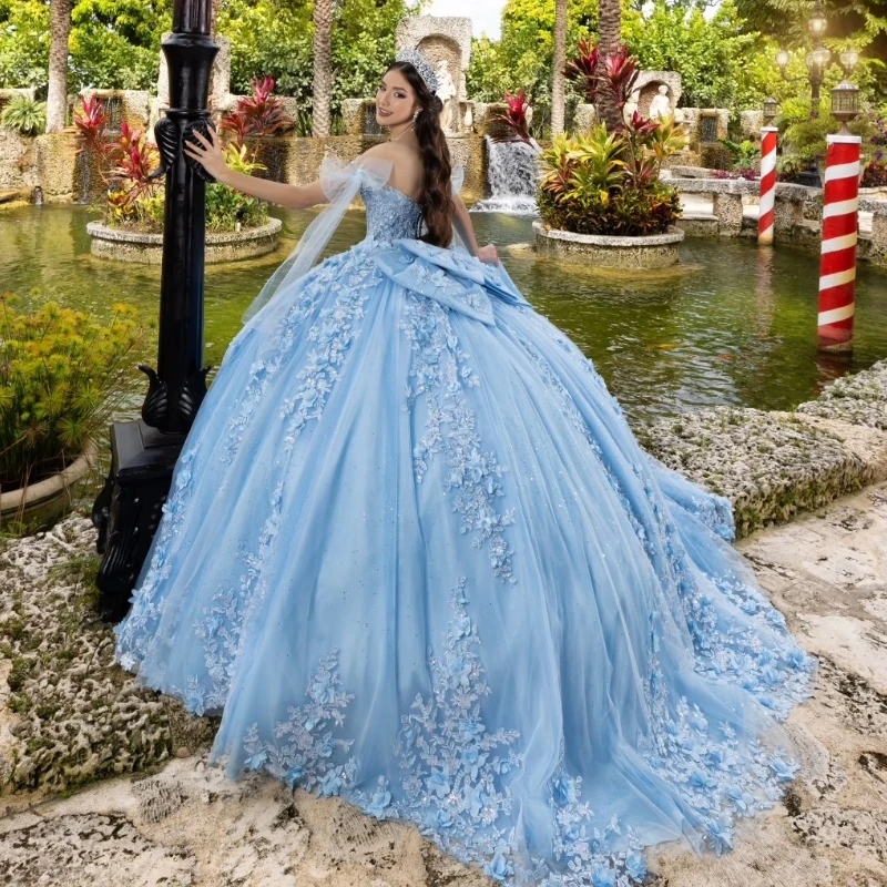 Quinceanera Mexico Dresses Ball Gown Off Shoulder D Ral Lace Applique Beaded With Bow Tull Corset Sweet Dress Vestido De Anos D ress e