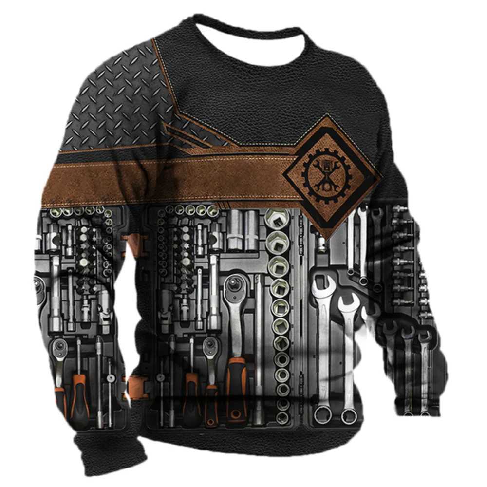 Vintage Mens Long Sleeves T -shirt Mechanic Pattern 3D printing Mens Clothing Spring and Autumn Casual Long Sleeve T-shirtX240919