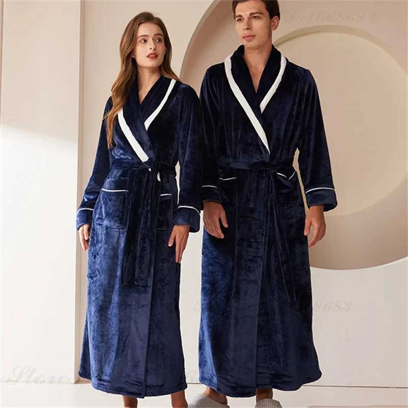 Large Size 3XL Autumn Winter Couple Sleepwear Flannel Men Long Robe Home Clothing Thicken Warm Coral Fleece Bathrobe Lounge Wear Y240919
