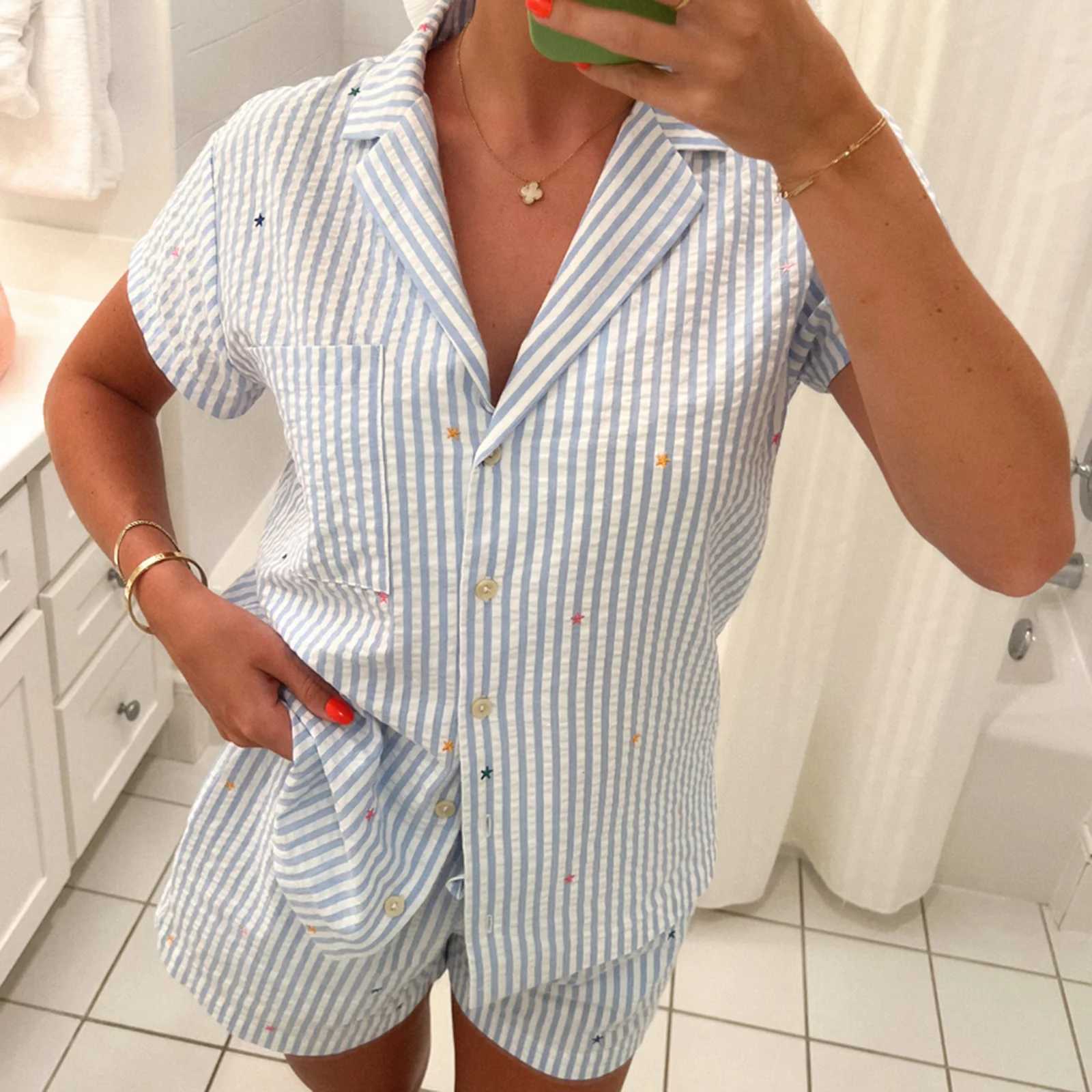 Womens 2-piece sleepwear set with fruit print long sleeved button up shirt and elastic waist pants cotton casual soft sleepwear W240919