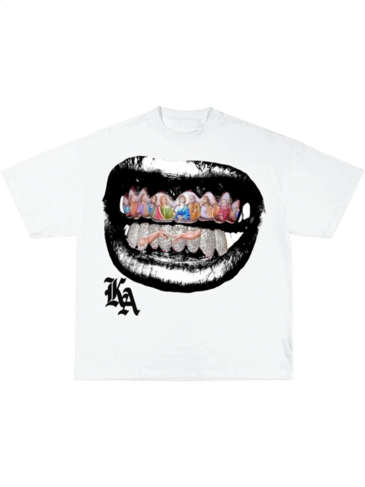Pure cotton Y2k top with oversized teeth graphic T-shirt for mens hip-hop Harajuku fashion round neck plain short sleeved item 240919