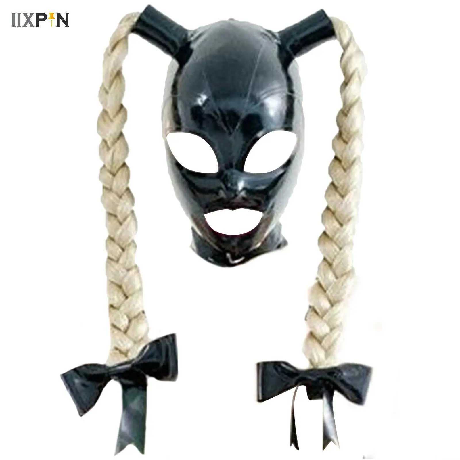Party Masks Sexy Black Latex Hood Mask Pigtail with 2 Braid Wigs Back Zip Open Eyes Mouth Head Cover Face Cover Halloween Cosplay Costume S249196