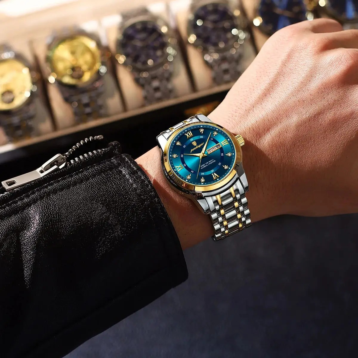 Poedagar mens watch elegant date week waterproof luminous mens watch quartz stainless steel sports mens watch reloj 240919