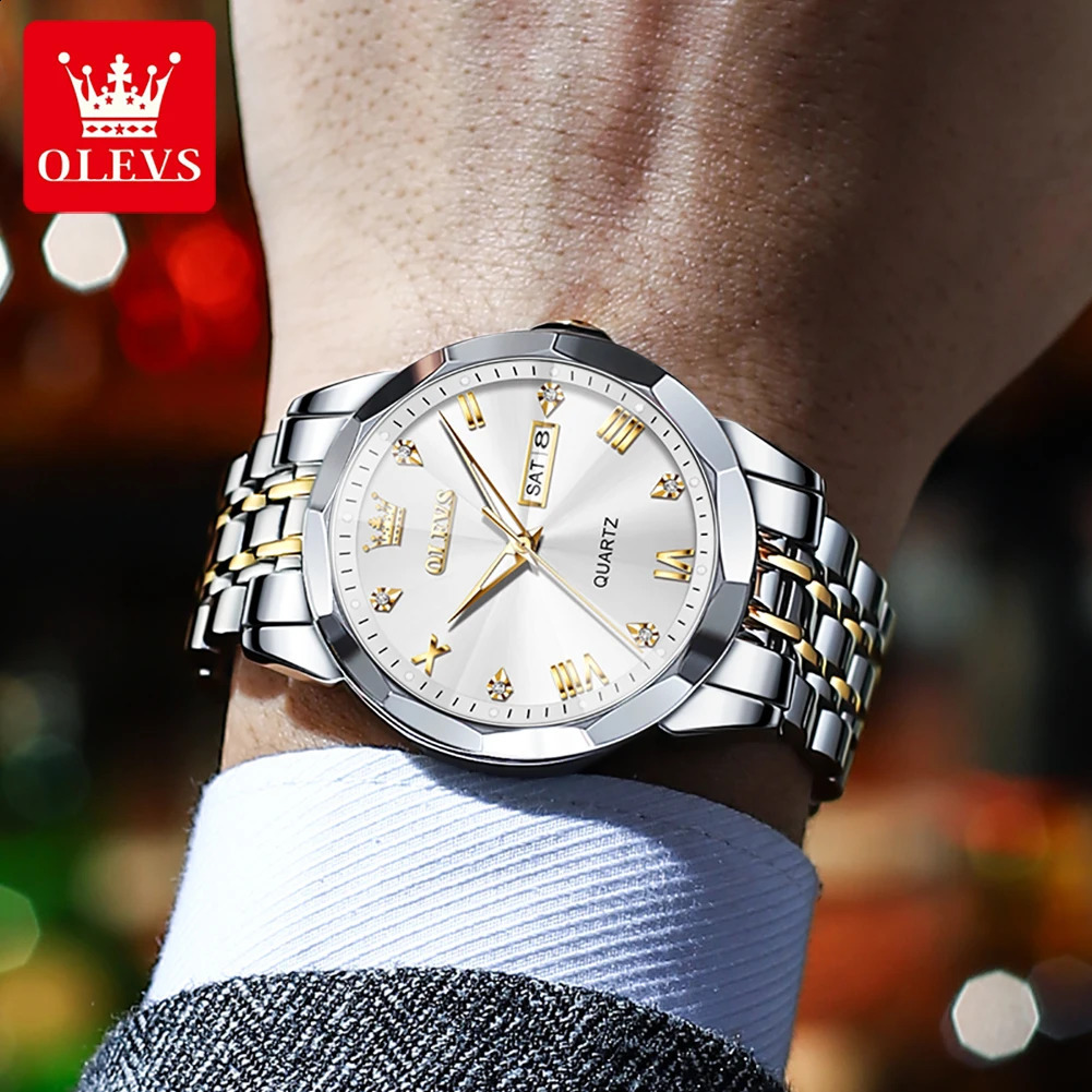 OLEVS Mens Watch Diamond Mirror Original Mens Quartz Watch Waterproof Luminous Stainless Steel Watch Mens Date Week ww 240923