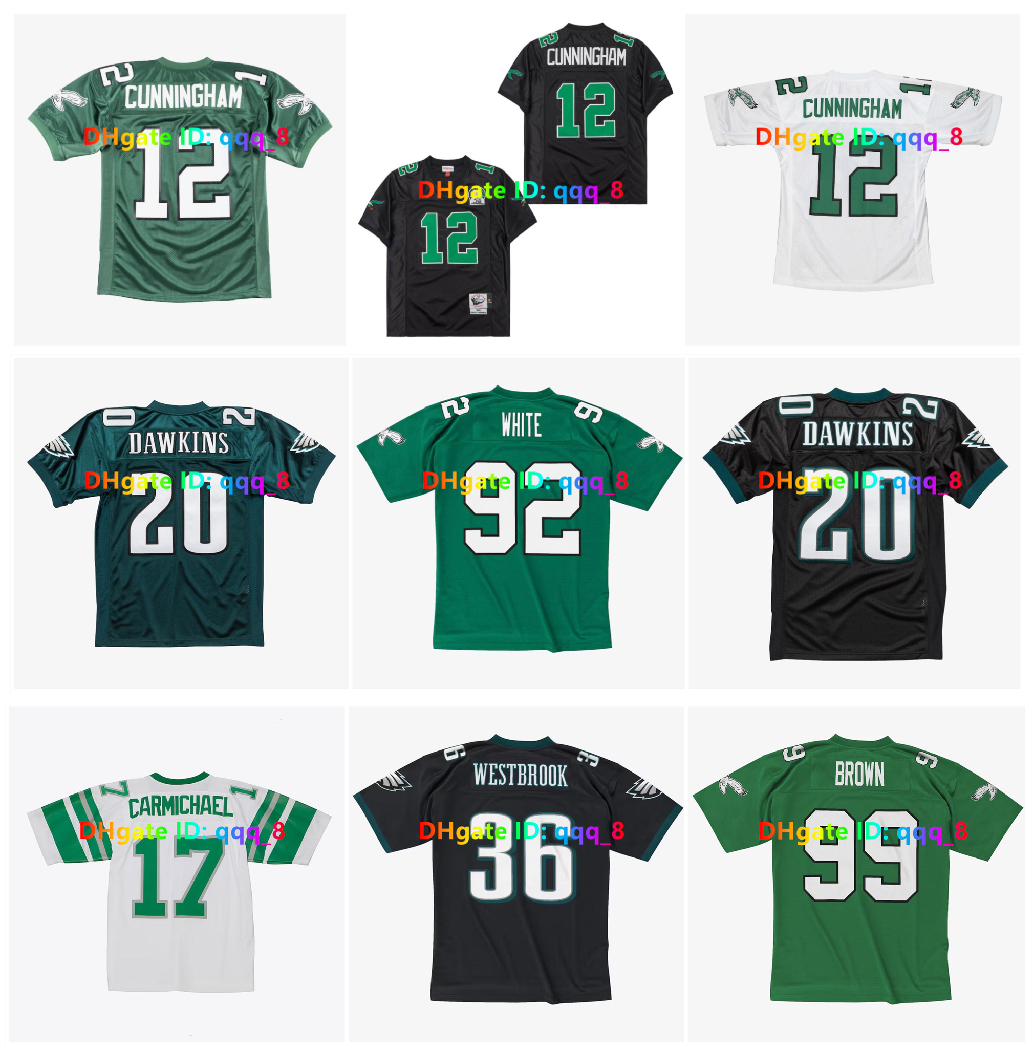 Randall Cunningham 20 Brian Dawkins 36 Brian Westbrook 1992 Throwback Football Jersey 92 Reggie White 99 Jerome Brown 17 Harold Carmichael Green White Size S-XXXL
