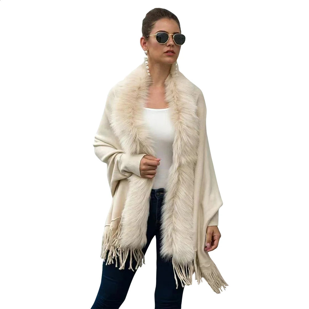 Womens cashmere hand feel shawl long sleeved womens artificial fox fur wrapped spring and autumn knitted cardigan classic sweater jacket 240919