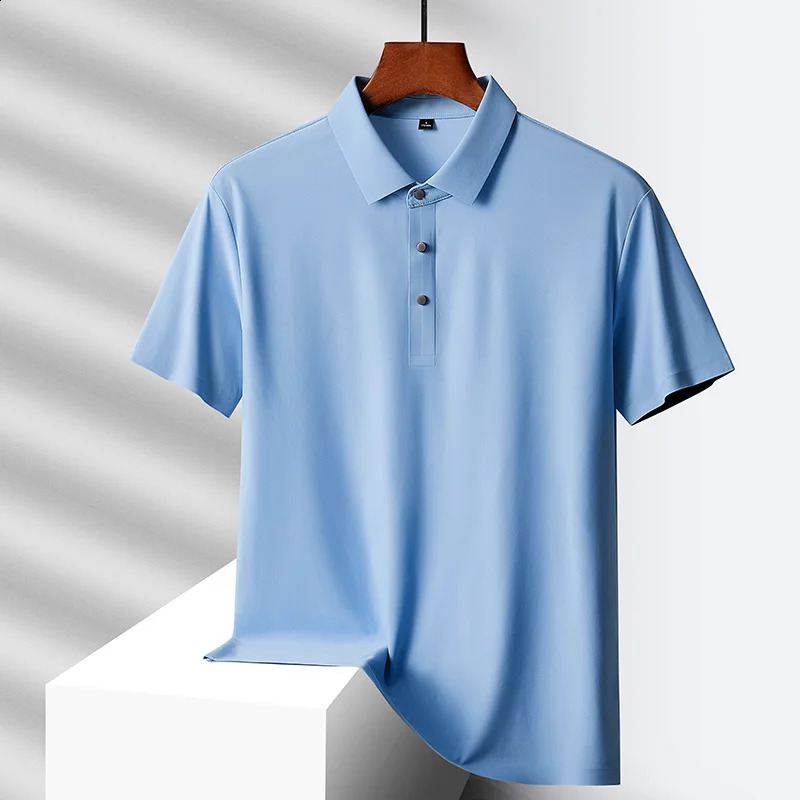 Summer silk quick drying loose polo shirt for middle-aged and elderly men solid lapel button simple version casual thin short sleeved top 240919