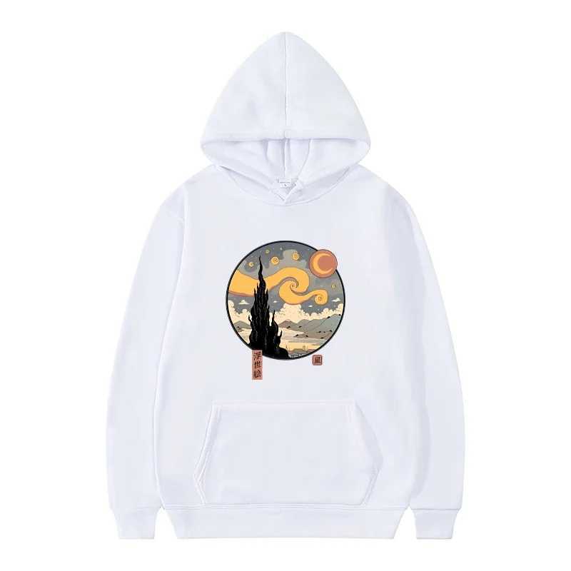Starry Ukiyo-E Night Printed Hooded Sweatshirt Mens Autumn and Winter Wool Sweatshirt Casual Fashion Hoodie Pullover Warm Top W240919