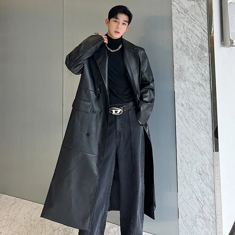 IEFB Autumn Winter Mens Leather Trench Coat Niche PU Wide Shoulder Long Overcoat Double Breasted Windbreaker 9C3216 240919