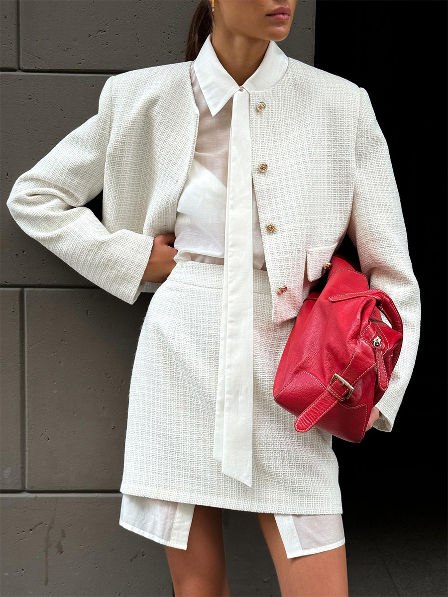 Dress Set Dabuwawa Autumn and Winter Female Vintage Women Temperament Tweed Dress Suit Split Set Skirt
