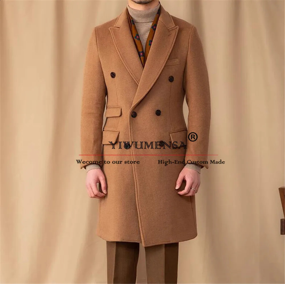 Formal Man Business Suit Jackets Brown Tweed Wool Blend Trench Coat Long Tailored Double Breasted Overcoat Groom Tuxedos Blazers 240911