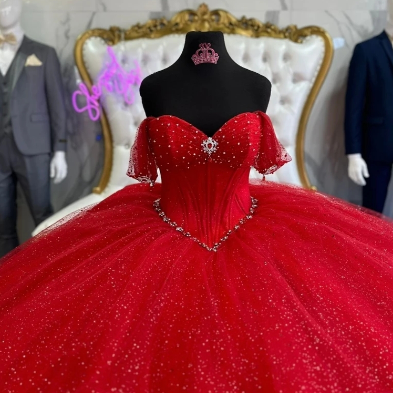 Sparkly Red Princess Quinceanera Dresses Ball Gown 2025 Off Shoulder Corset Beads Crystal Bow Tull vestido de 15 Anos Sweet 16 Dress
