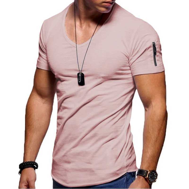 New Summer Mens V Neck T Shirt Fitness Bodybuilding Tshirt High Street Short Sleeved Zipper Casual Cotton Top Plus Size S-5XL Z240919