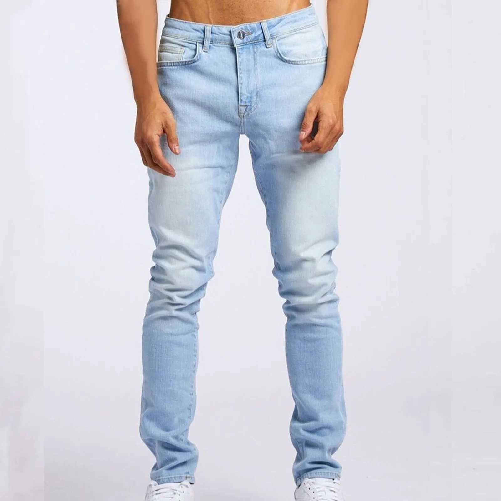 Mens tight elastic open top tapered leg jeans light blue large and tall mens E-sport retro slim fit W240919