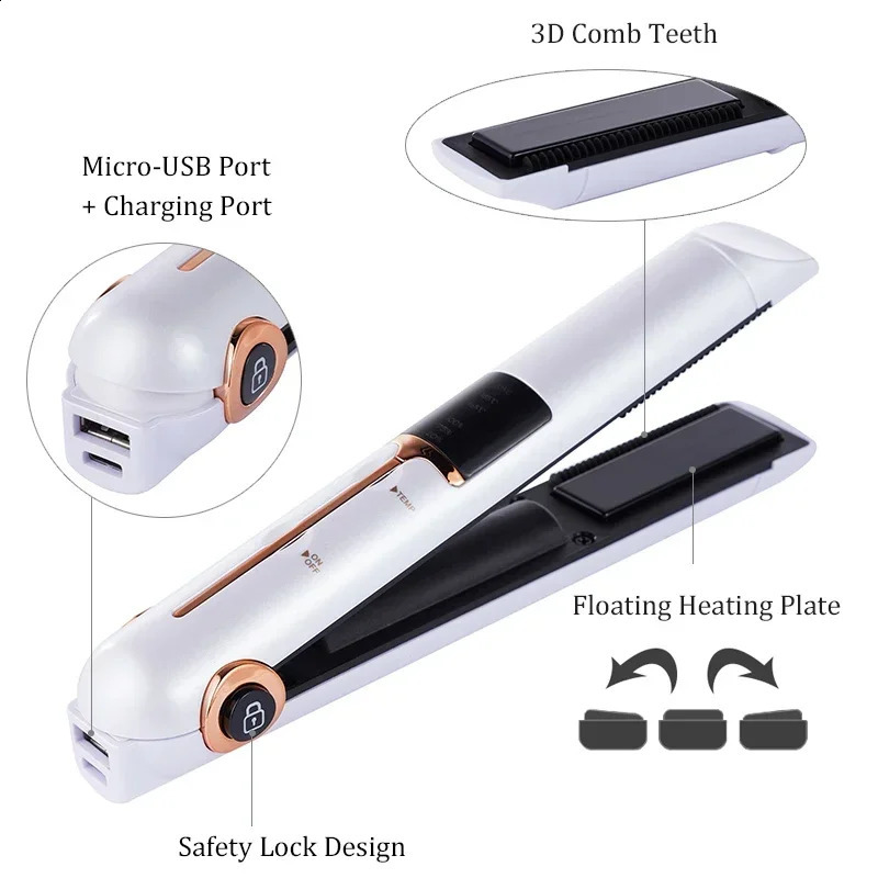 Portable USB Rechargeable Hair Straightener With Power Bank Lock System Travel Flat Irons Wireless Straightening Hair Curler 240911
