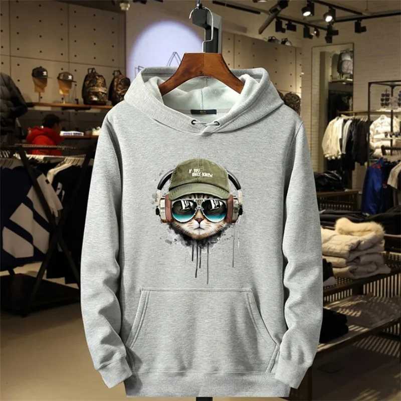 Comes with headphones cat and sunglasses mens hoodie warm pine wool sweatshirt autumn casual hoodie unisex sweatshirt W240919