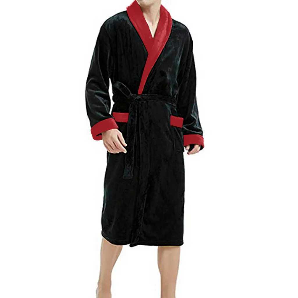 2024 Winter Mens Bathrobe Solid Color Belt Flannel Hooded Bath Robe Pockets Warm Men Nightgown Home Gown Sleepwear Men Clothing Y240919