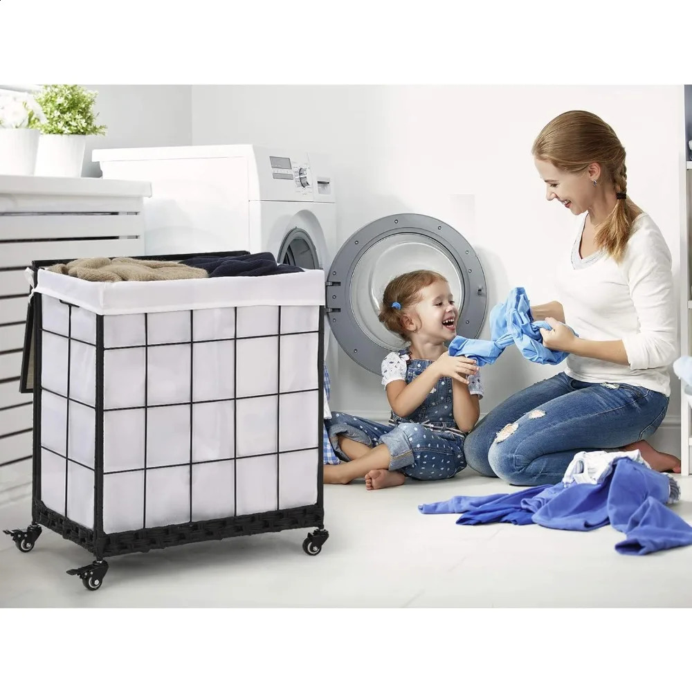 Durable washing machine with detachable lining bag heavyduty wheels wooden cover and metal handle clothing sorting 240919