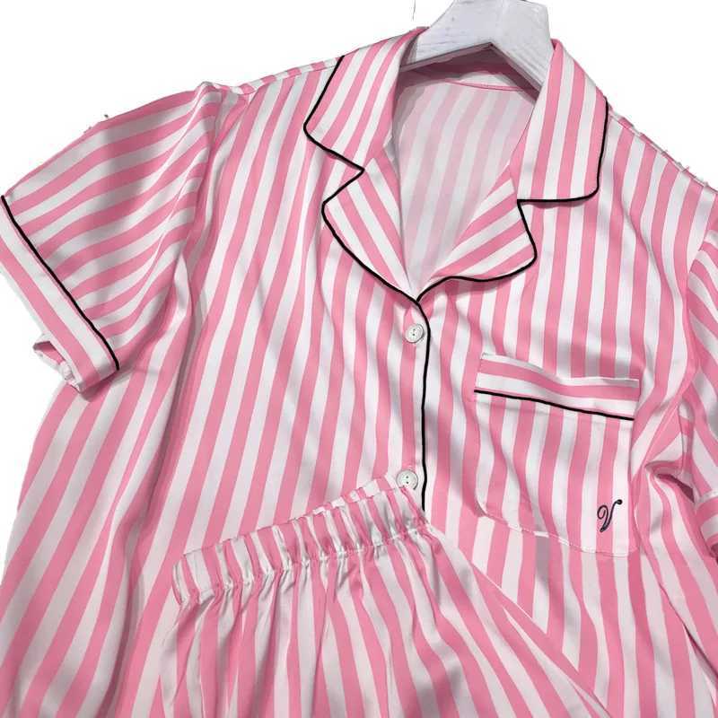 Womens sleepwear set summer 2-piece short sleeved top and shorts synthetic silk satin soft stripe printed home clothes W240919