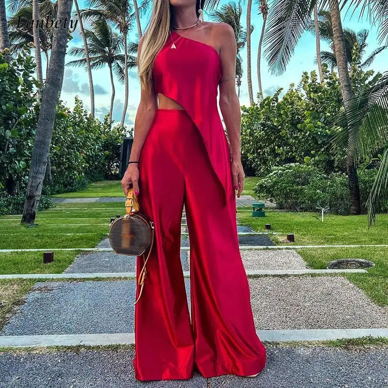 Womens Fashion Loose Set Sexy Skeleton Collar Irregular Shirt and Wide Leg Pants Set Elegant Shoulder Free Solid Two Piece Set 240918