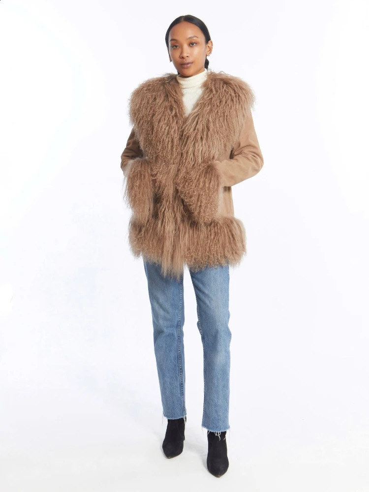 RR2814 Faux Mongolian Fur Trim Coats Women Fully Cotton Lined Suede Maxi Winter Jackets Warm Faux Fur Short Coats Hook Closure 240919