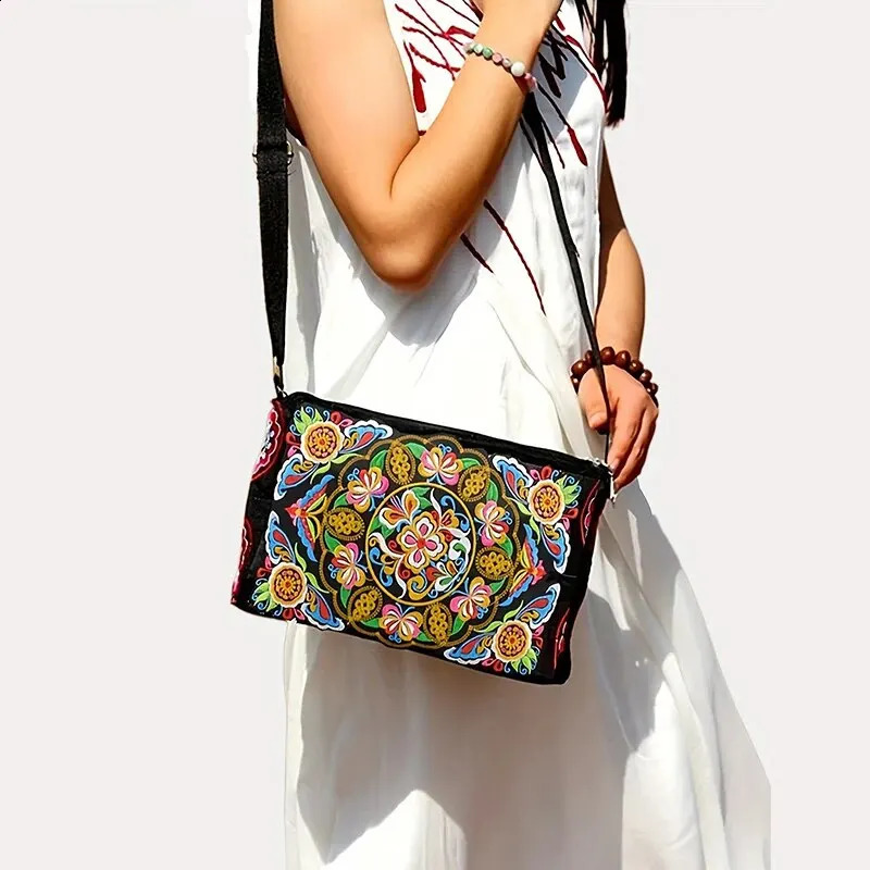 PT027,Womens Embroidered Flowers Nylon Crossbody Bag Ladies Large Capacity Travel Shoulder Bags 240914