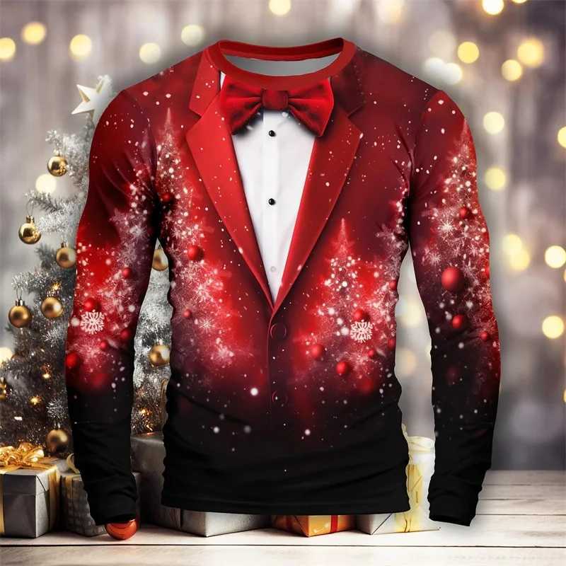 Mens Long Sleeve Tshirts 3D Print Christmas Snowflake Pattern Suit Tee Shirts Tops Streetwear Mens Crew Neck Plus Size T ShirtX240919
