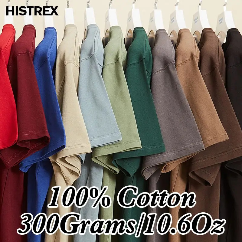 100% pure cotton mens T-shirt short sleeved summer flat top retro casual thick T-shirt high-quality basic clothing 10.6oz 300gsm 240919