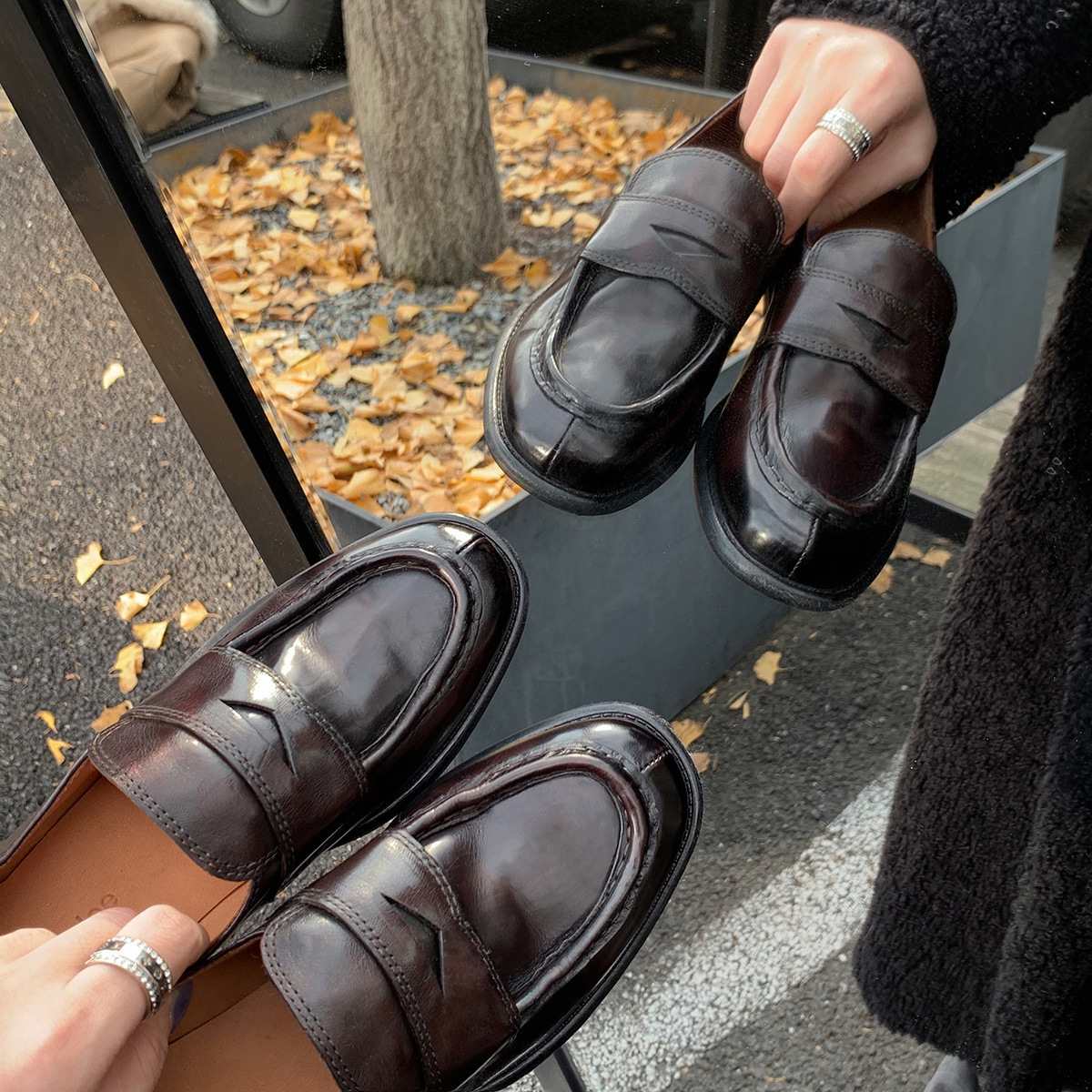 Women's retro style loafers autumn and winter new casual round pointed small leather shoes