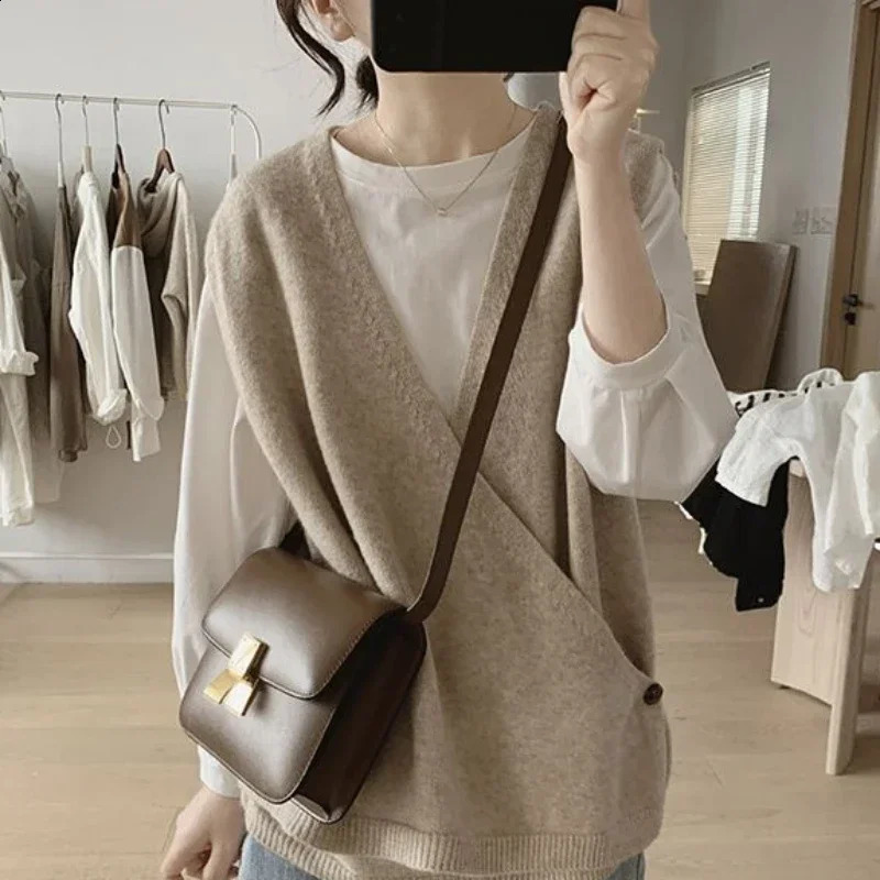 Ladies Sweaters Vest Black Long V-neck Grey Knitted Top for Women Y2k Vintage Jumper Fashion 2024 Knitwear Crochet In 240919