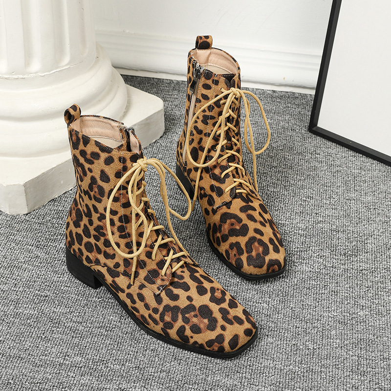 Women Boots Winter Fashion Design Plus Size Leopard Print Square Toe High Heel Free shipping