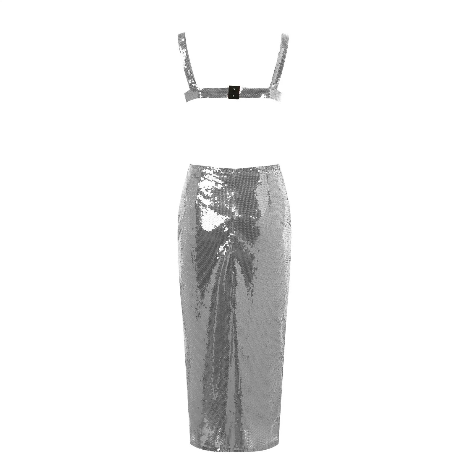 Woman Fashion Silver Sequin Halter Sheath Light Evening Long Dinner Dress - Sexy French Style C260312