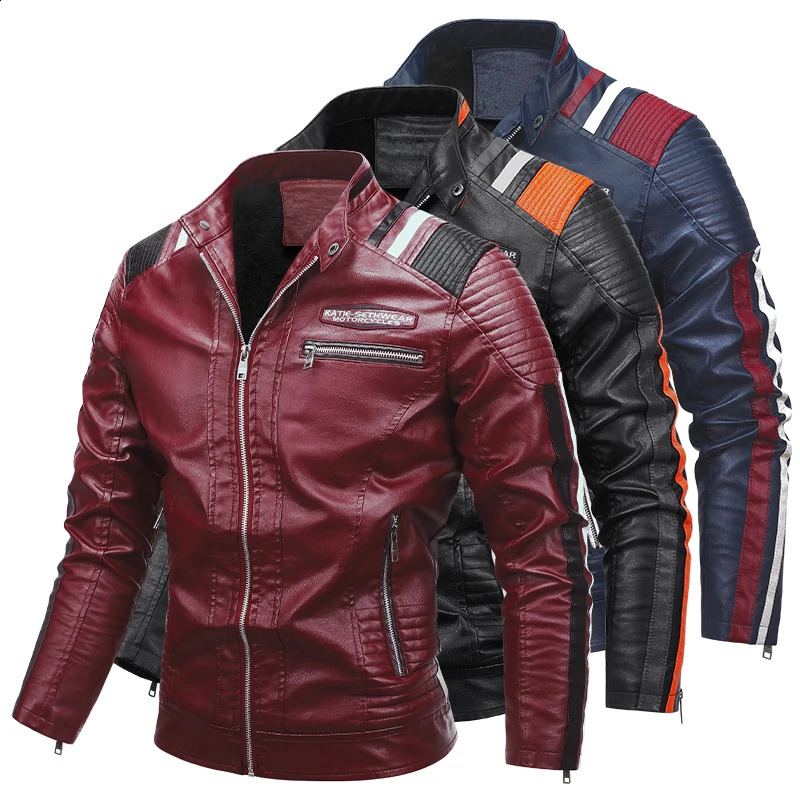 Men Autumn Jacket Bomber Biker Zipper Motorcycle Faux Fur Coat Male Fleece Pilot Vintage Black Red Brown PU Leather Jacket 240911