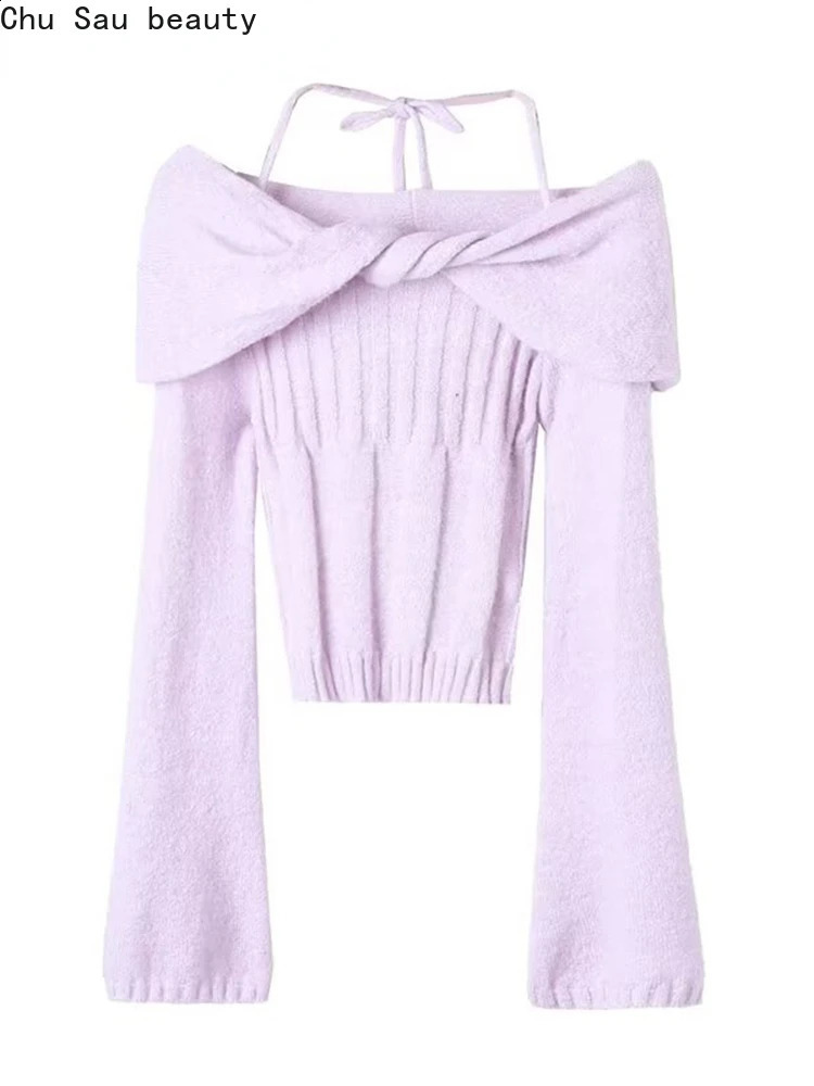 Chu Sau Beauty Women Autumn Fashion Sweet Flare Sleeve Knitted Pullover Cute Off Shoulder Slim Sweater Chic Short Jumpers 240912