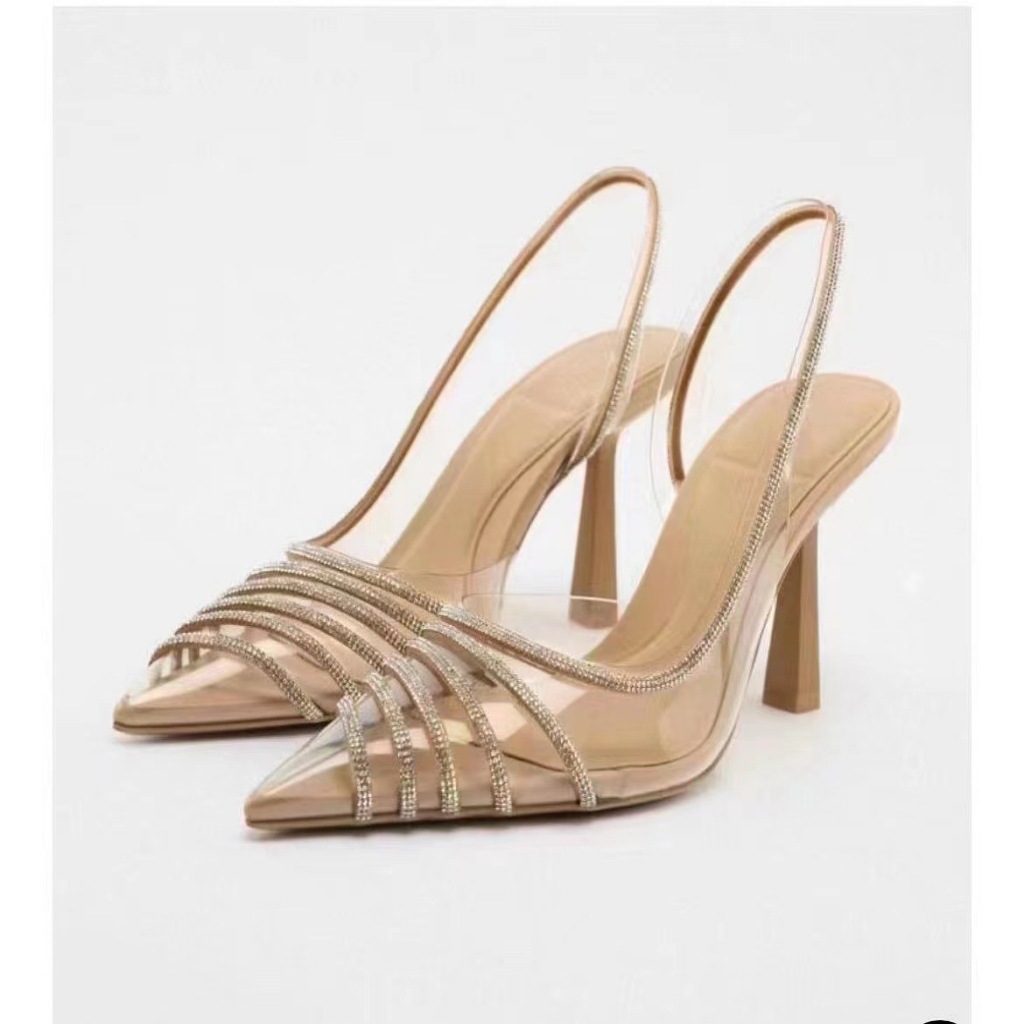 Summer Women's Sandals Apricot Shiny Rhinestone High Heels Shoes Fashion Transparent Sexy Slingback High Heels Woman 916